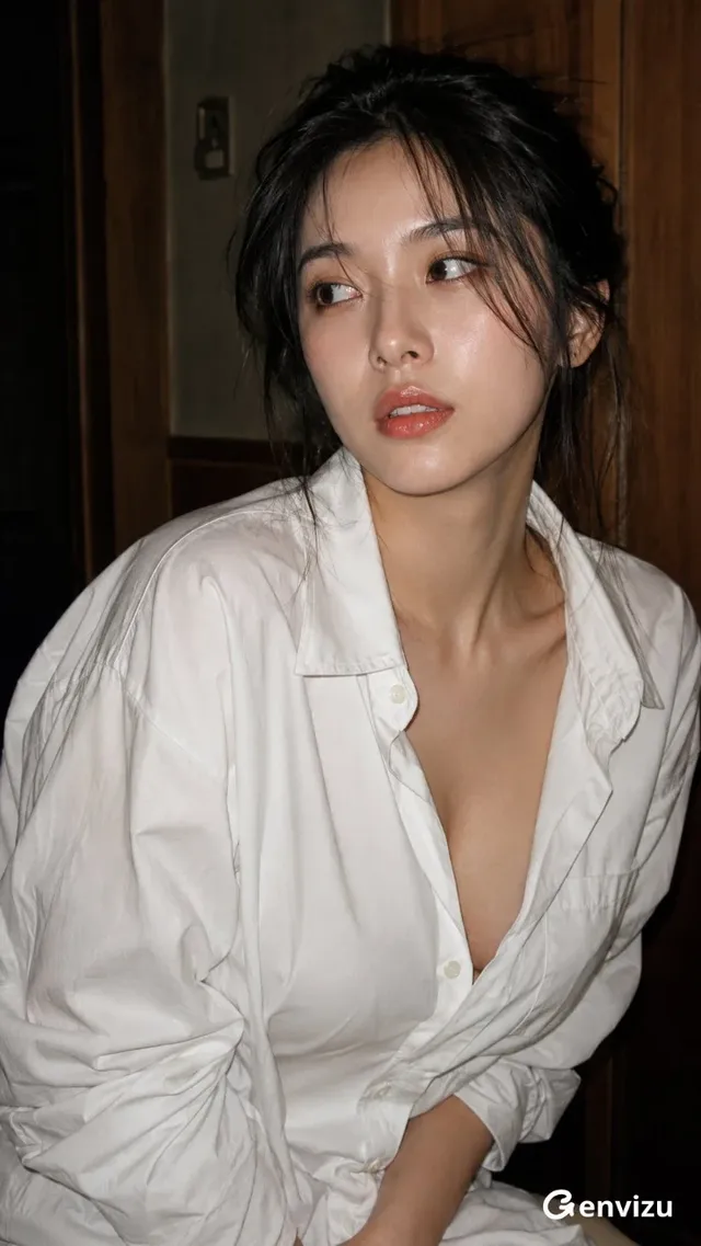 Vertical 9:16 intimate editorial flash portrait of a 23-year-old East Asian woman with a narrow oval face, dark hair in a loose updo, and a shy, curious expression, wearing an oversized white shirt.