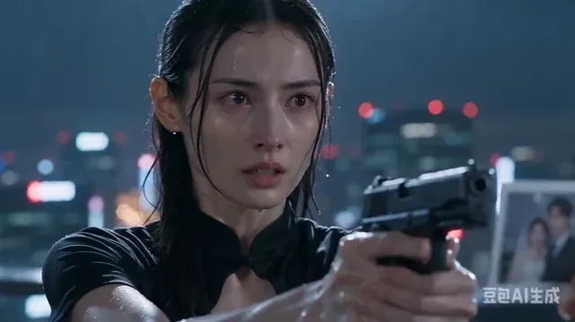 A young, attractive Asian woman in a black dress stands on a rainy rooftop at night, holding a pistol with a determined yet conflicted expression, her face streaked with rain.