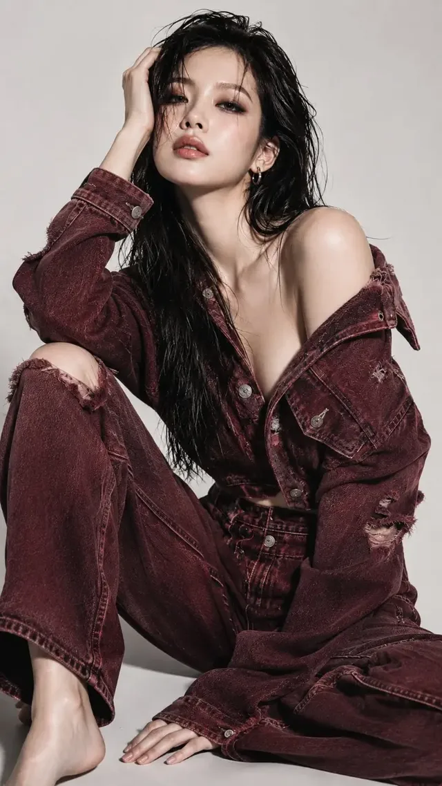 High-fashion studio portrait of an East Asian woman with wet-look hair, wearing an oversized burgundy distressed denim jacket and pants.