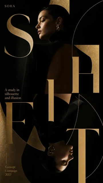 A surreal fashion poster with large, cut-up letterforms dominating the composition, set against a dark, luxurious background.