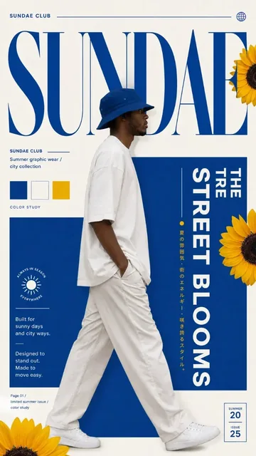 A high-end graphic fashion poster with strong color, typography, and fashion photography elements.