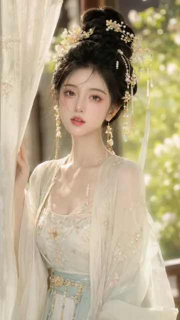 Close-up of an elegant ancient Chinese noblewoman with delicate floral makeup, soft lighting, and a serene expression in a courtyard.