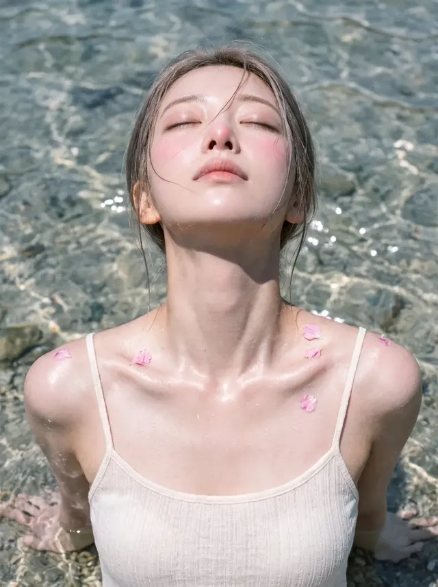 High-angle water close-up with clear shallow water, head tilted back, prominent collarbones, and pink petals on damp skin.