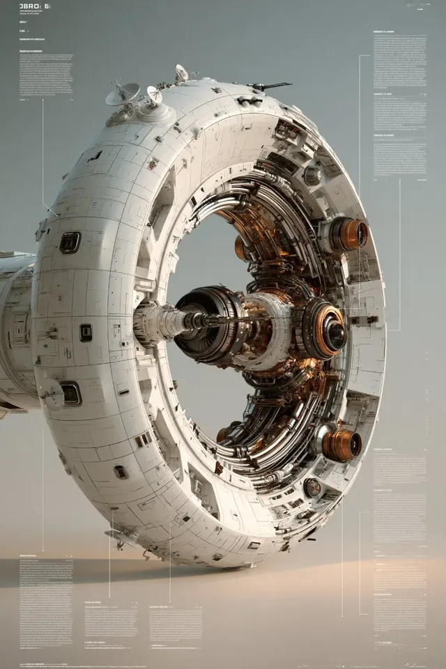 Macro 3D render of a white hexagonal tech housing revealing gunmetal gears and a turbine lens, with a technical wireframe diagram on the left. Studio lighting, monochrome palette.