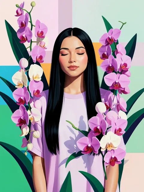 Stylized graphic design of a serene woman with closed eyes amidst cascading orchids, featuring bold lines and a vibrant color palette.