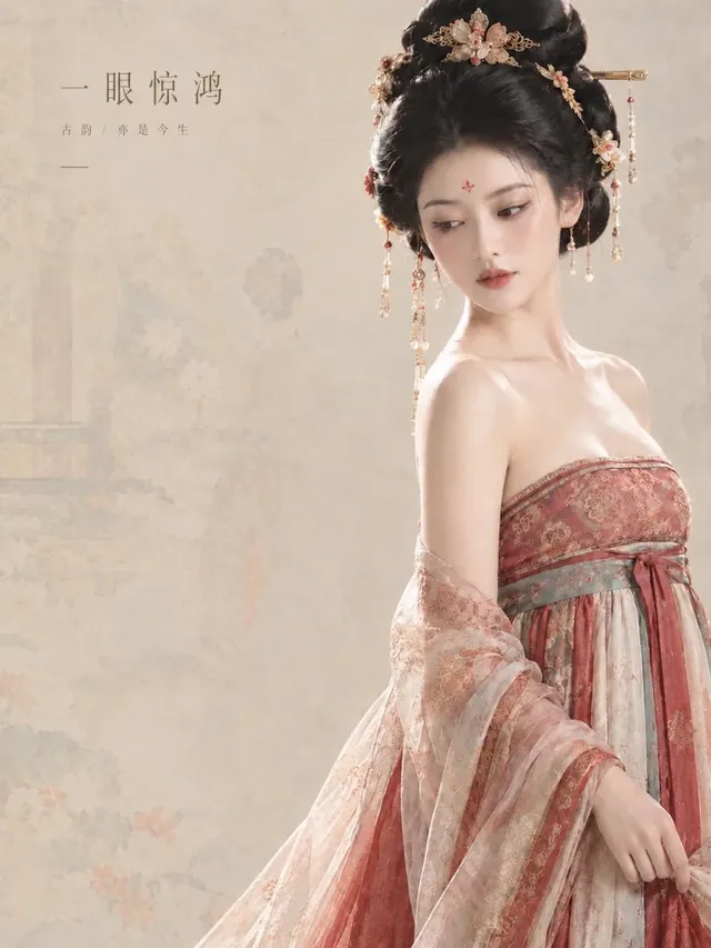 A refined neo-Chinese fashion poster featuring a young Asian woman in traditional-inspired attire against a minimalist beige background.