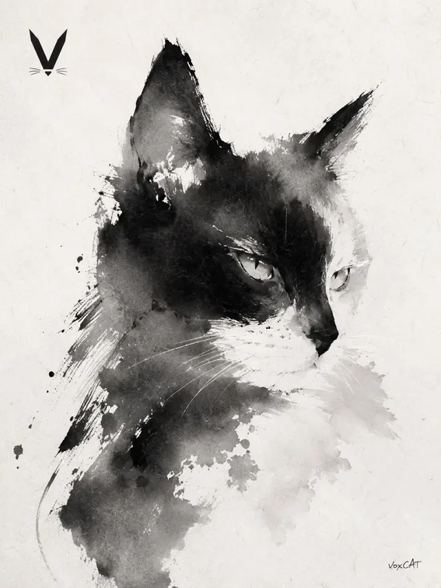 Abstract ink wash illustration with a central subject formed by black ink on a white background, featuring minimalist composition and traditional Chinese art elements.