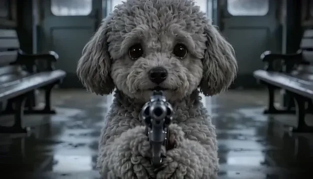 A small gray teddy dog with soulful eyes sits in a dimly lit, rainy train station, holding a silver pistol with its front paws, showing a subtle emotional transition.