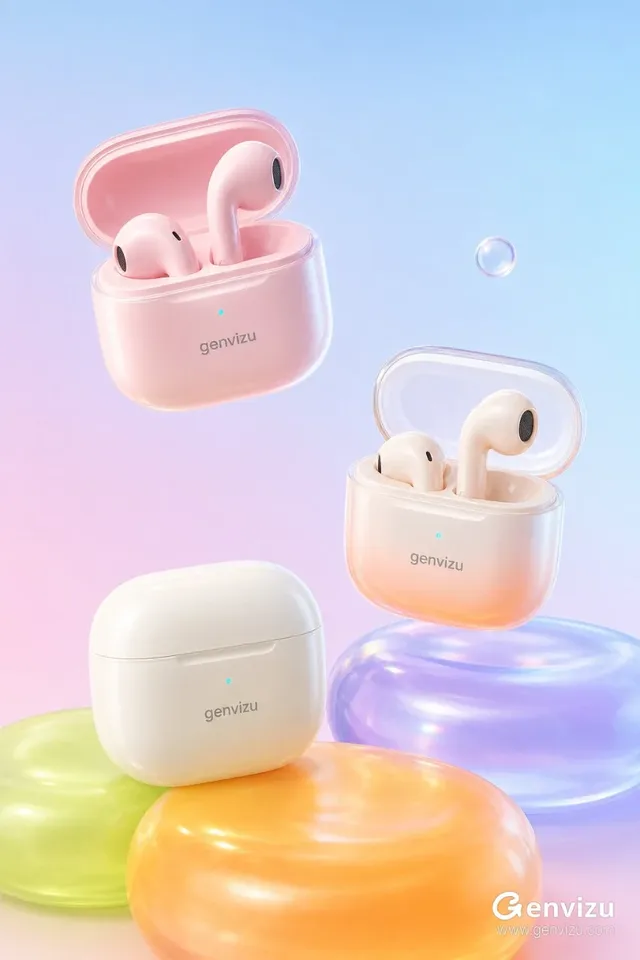 Product mockup featuring three sets of wireless earbuds and charging cases in pink, cream, and gradient colors, arranged in a triangle on soft, colorful jelly platforms against a blue and pink gradient sky.