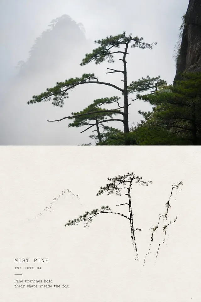 Poster featuring a travel photograph above a minimalist ink line sketch of the same scene, with clear separation and a small color accent.