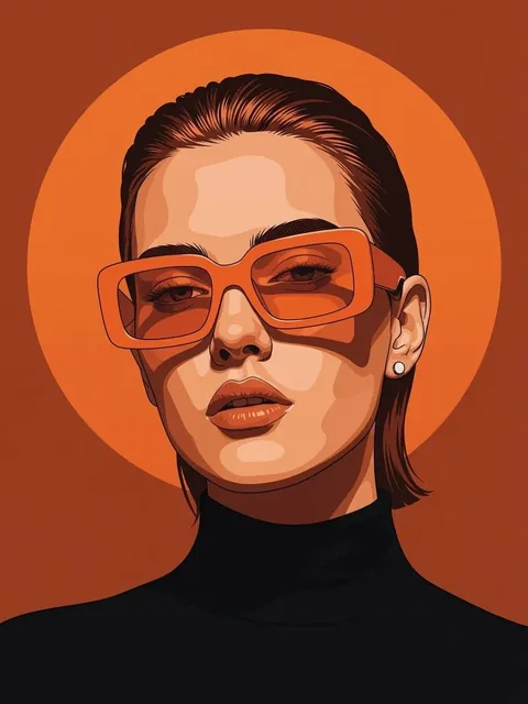 Bold modern vector portrait of a stylish woman with geometric sunglasses and a monochromatic halo, cel-shaded lighting.