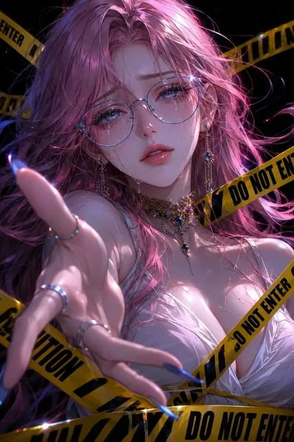 Close-up portrait of a glamorous anime woman with blue glasses and silver jewelry crying, with yellow caution tape and 'DO NOT ENTER' text in the foreground and background.