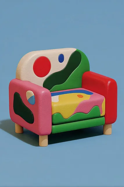 A colorful sofa in the Memphis design style on a blue background