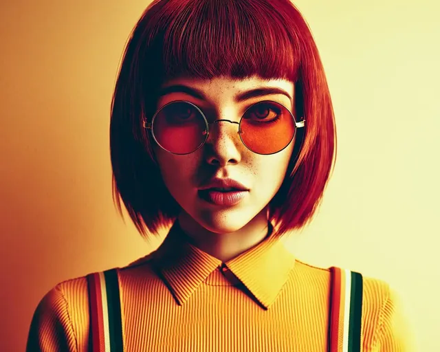 A woman with a sharp bob haircut and round, tinted glasses, facing forward, against a warm yellow-orange background.