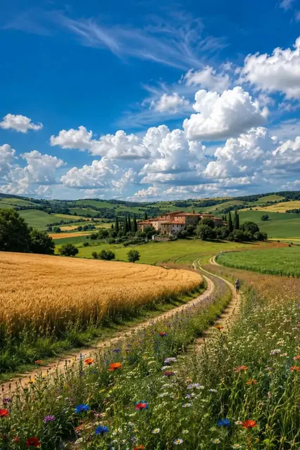Ultra-realistic photograph of a European hilltop village surrounded by green hills and wheat fields under a dramatic sky.