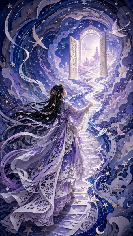 A young oriental woman in a layered paper-cut dress ascends a glowing staircase towards an illuminated paper-sculpted door amidst a swirling, star-filled dreamscape.