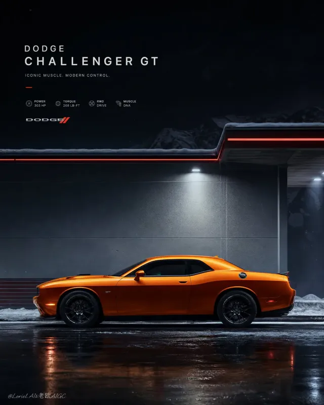 A hyper-realistic Dodge Challenger GT, in a vibrant color, is parked in profile at a quiet, snow-covered gas station at night, exuding power and premium design.