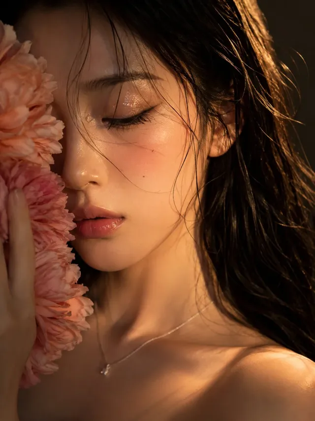 Extreme close-up portrait of a woman with eyes closed, face partially obscured by peach-pink flower petals, featuring wet-look hair and subtle glitter makeup.