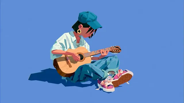 A person wearing a blue cap and casual clothing sits on the ground playing an acoustic guitar, depicted in a stylized, geometric illustration with a bright blue background.
