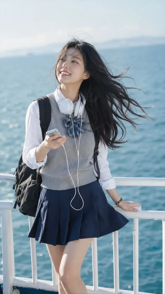 Realistic portrait of a young East Asian woman with long dark hair, wearing a white shirt, grey vest, and navy skirt, sitting by a seaside deck with a white bench and blue ocean in the background, listening to music on an old player, with hair and clothing gently lifted by the sea breeze.