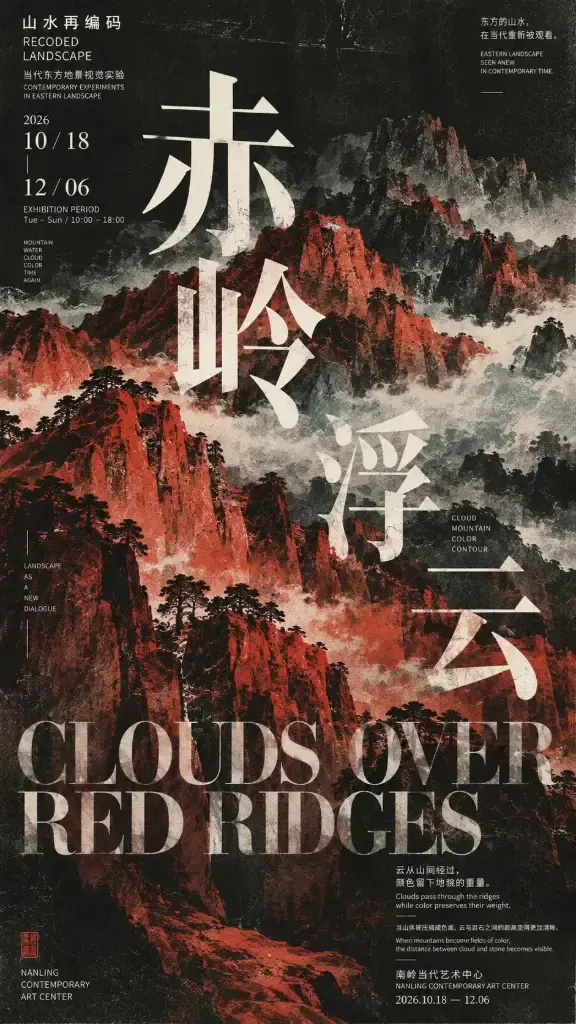 Contemporary oriental landscape art poster with bold color blocks, layered mountains, and integrated typography.