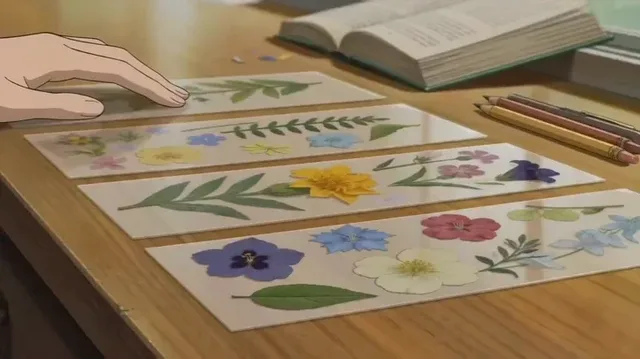 ASMR anime art of hands crafting a translucent pressed-flower bookmark with gold ribbon on a wooden desk, bathed in sunlight next to a vintage book, Ghibli-inspired style.