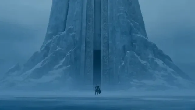 A lone warrior in frosted armor stands before a colossal, intricately carved ice gate in a snowy mountain, drawing a glowing sword as shadowy figures emerge from a blizzard on a frozen lake.