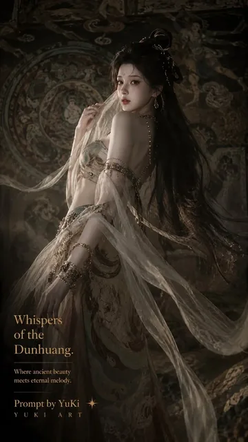 A detailed portrait of a graceful Chinese fairy musician with flowing hair and hanfu, playing a pipa, with a celestial halo and mural background.
