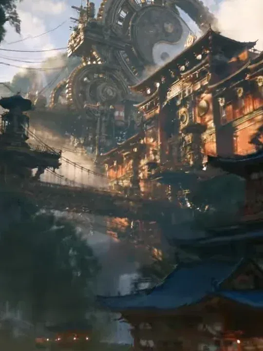 Ground-level view looking up at a steampunk ancient China cityscape, featuring Song Dynasty architecture, industrial machinery, giant mechanical Taiji symbol, rotating gears, and floating bridges.