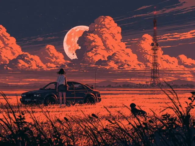 A lone figure stands in a vast, mysterious landscape, reaching out as if searching for a lost signal, with a sense of isolation and wonder.
