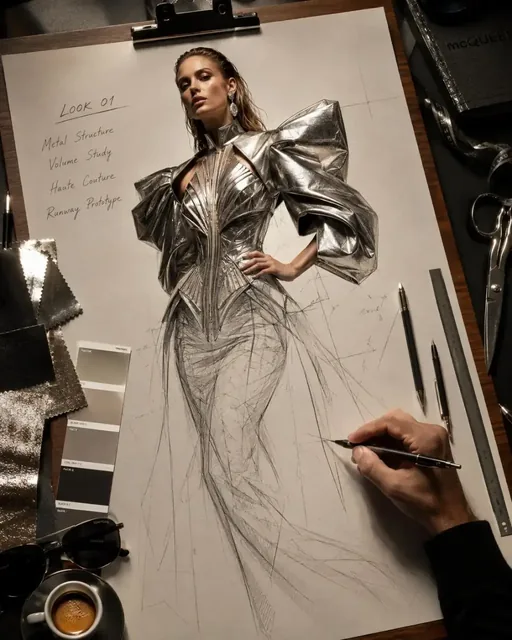 A fashion model emerging from a burning sketchbook in a luxury designer's studio, with design tools scattered around.