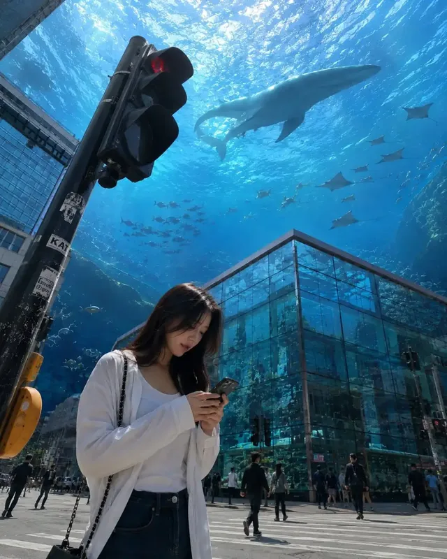 A beautiful young Korean woman stands at a traffic light in a city, ignoring the impossible sight of a clear ocean with sharks, whales, and fish swimming above, reflected in glass buildings.
