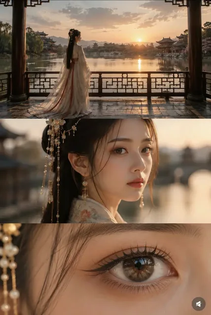 Cinematic triptych displaying a character study. The top panel is a long shot in a palace courtyard, the middle is a close-up of the character's face, and the bottom is an extreme