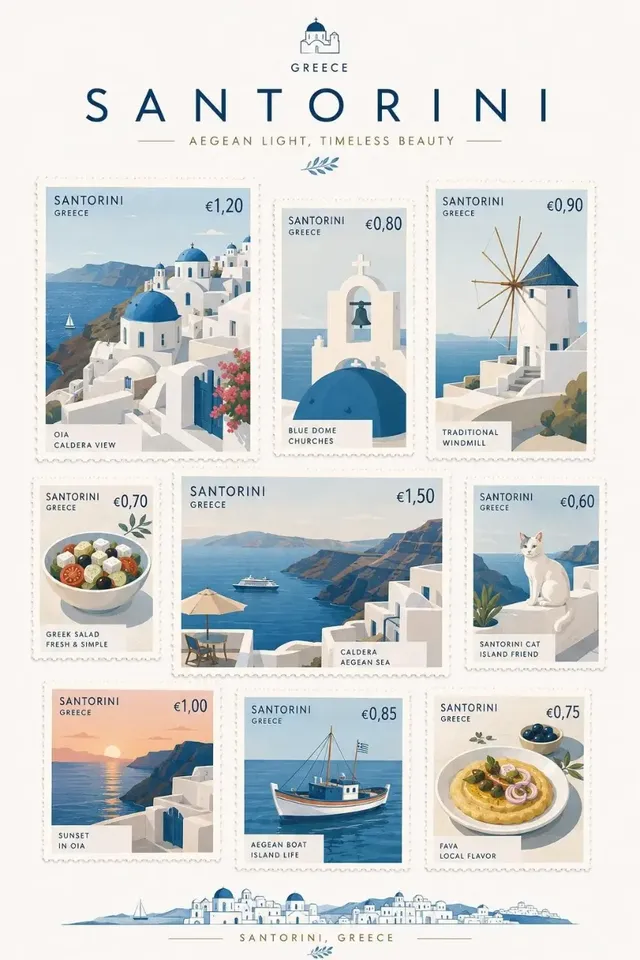A vertical A4 sheet of collectible postage stamps, each designed with minimalist Scandinavian style, featuring diverse elements of a specific destination with perforated edges and denominations.