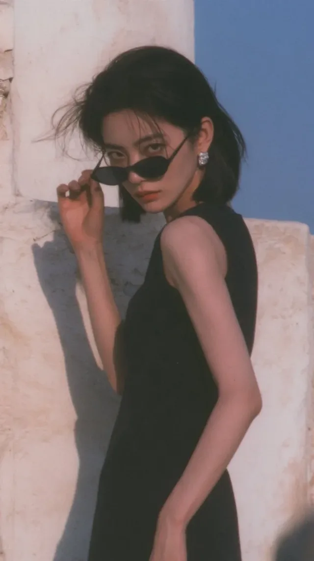 A vertical portrait of a stylish East Asian woman with short black hair and sunglasses standing against a pale stone wall in bright sunlight.