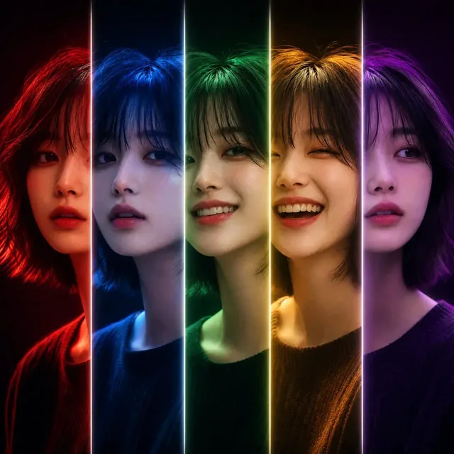 A vertical sliced portrait of a man, each slice showing a different expression and a unique cinematic color grading (crimson, blue, green, amber, violet), against a dark background.