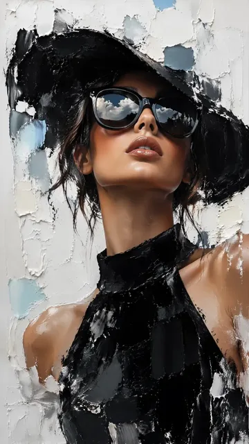 Mixed-media portrait of a chic woman in a black sunhat and sunglasses, with realistic face and abstract painted hair and background.