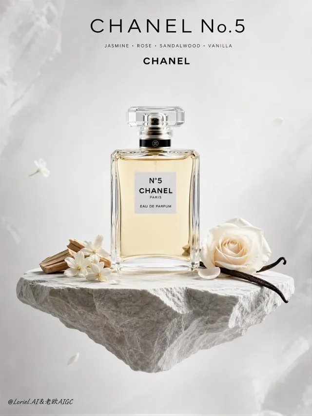 An iconic Chanel No.5 perfume bottle rests elegantly on a pale, floating stone pedestal against a minimalist cold white background, with subtle floral and woody scent notes.