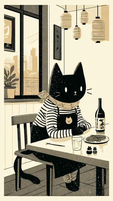 Risograph-style poster illustration of a cute black cat wearing an apron and scarf, sitting at a cafe table with Japanese elements in the background, eye-level 3/4 perspective.