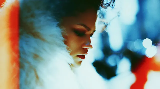Zendaya in a large white fur coat, backlit by golden hour light in New York, with visible film grain and light leaks.