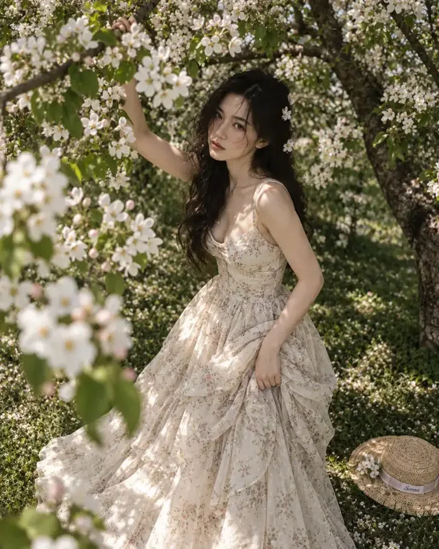 Realistic overhead shot of an East Asian woman curled up under a white-flowering tree. She wears a floral dress and looks down thoughtfully, with dappled sunlight and shadows on the grass and her attire.