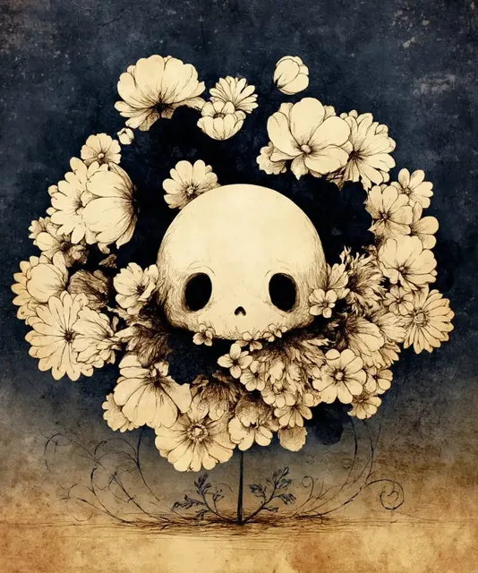 A detailed illustration of a skull at the center of a blooming flower, with petals radiating outwards.