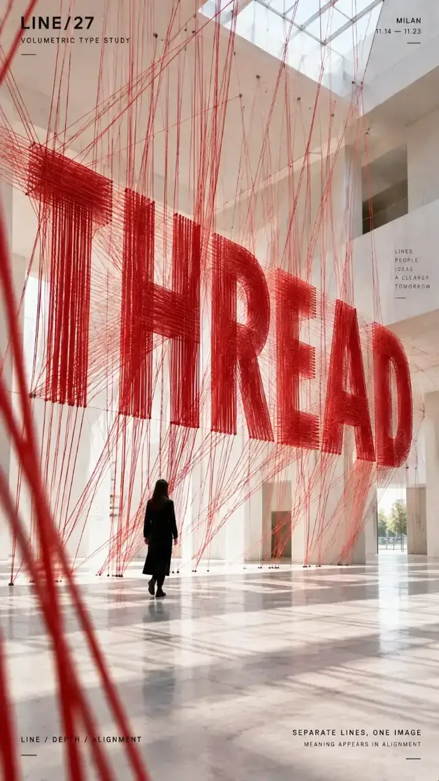A 9:16 vertical poster featuring a bold, contemporary volumetric typography installation made of suspended threads that form letters in 3D space, with clear foreground, midground, and background depth.