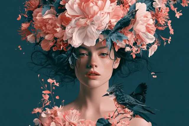 A dreamlike botanical fantasy illustration of flora and fauna intertwining in a surreal setting with soft contrasting colors.