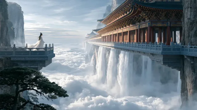 A long, ancient Chinese covered bridge with red pillars and ornate eaves spans a deep valley filled with mist and waterfalls, with a woman standing on the bridge and a pine tree in the foreground.