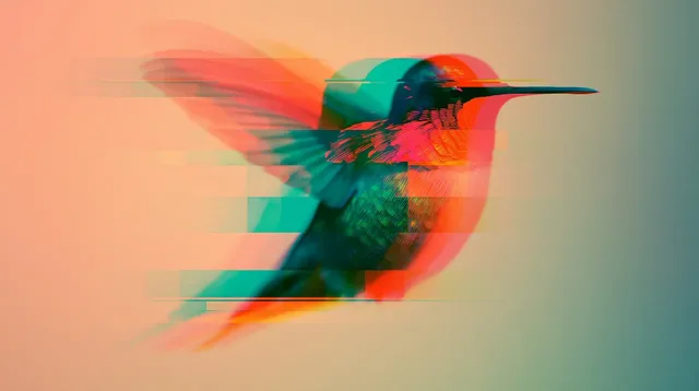 A vibrant hummingbird rendered with digital glitch effects, fragmented pixels, and bright neon colors on a solid white background.