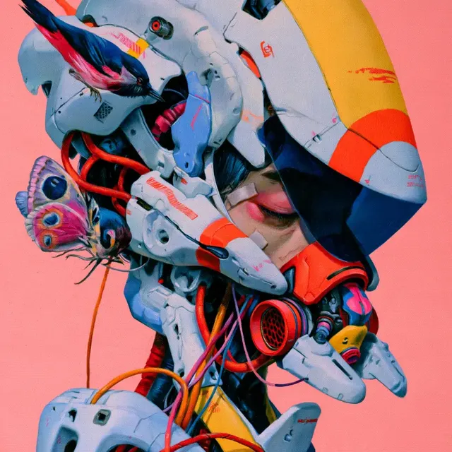 Close-up oil painting of a cybernetic sci-fi helmet adorned with a real bird and butterfly against a vibrant pink background.
