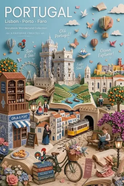 A 3D papercraft pop-up book travel poster with a whimsical scene emerging from an open book, featuring landmarks, cultural elements, and floating decorations.