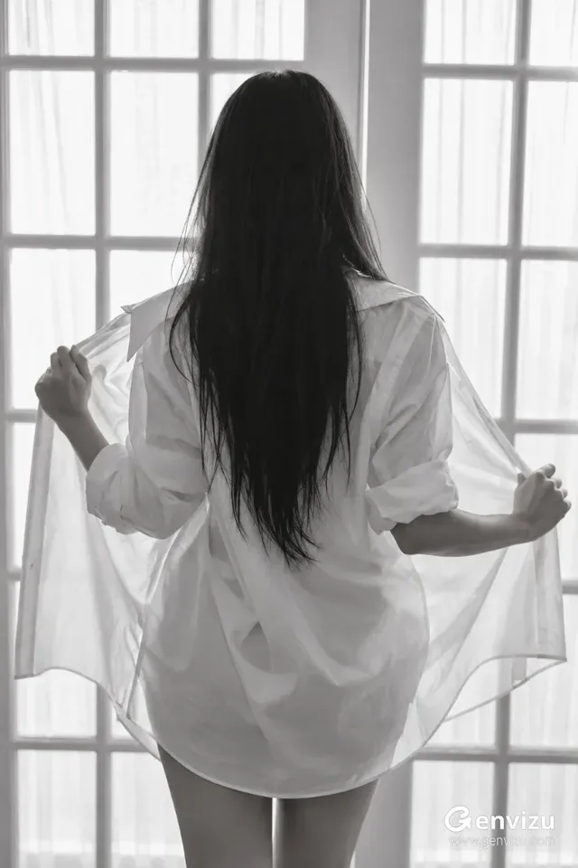 A black and white photo of a young woman from behind, wearing an oversized white shirt and standing before tall glass French doors.