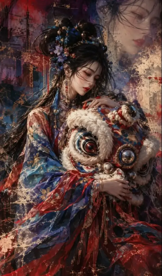 A haunting surrealist mixed-media oil painting of a sorrowful Chinese woman in traditional ceremonial attire embracing an antique lion dance head.